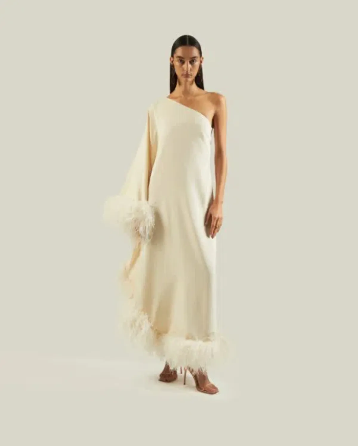 Taller Marmo Ubud One Shoulder Feather Trimmed Crepe Maxi Dress Ivory - Image 3