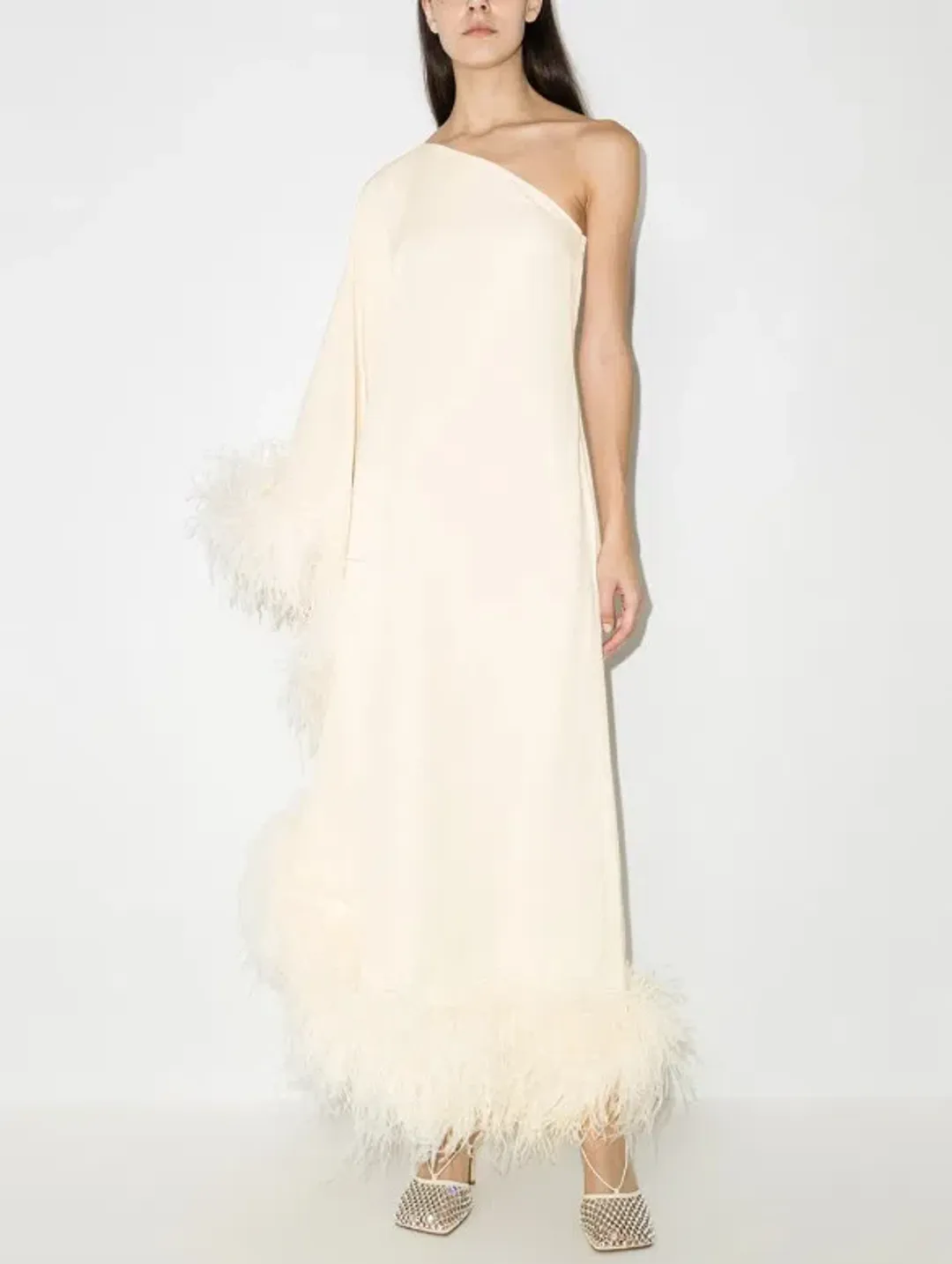 Taller Marmo Ubud One Shoulder Feather Trimmed Crepe Maxi Dress Ivory for rent on The Volte - main image