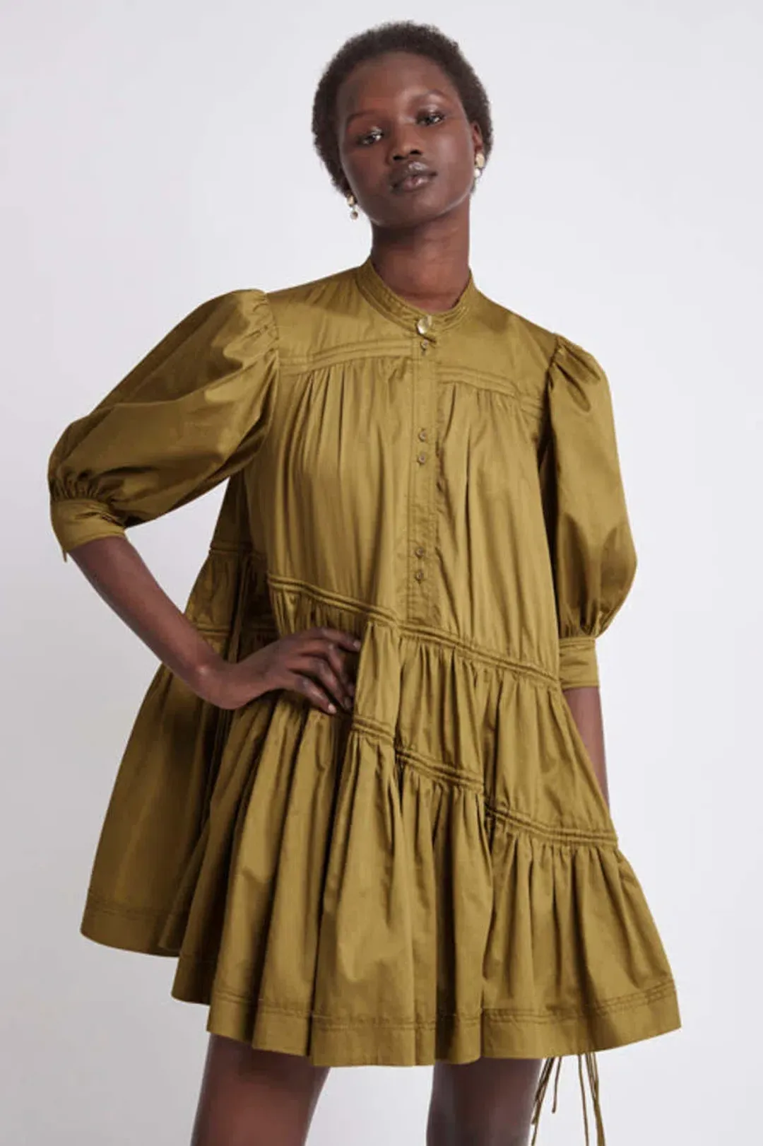 Aje Frequency Khaki Puff Sleeve Smock Dress Size 8 for rent on The Volte - main image