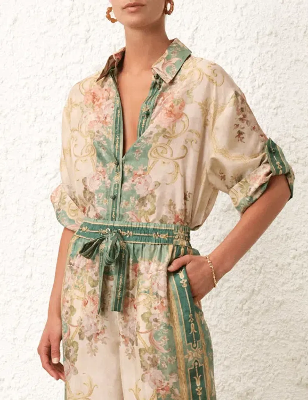 Zimmermann August Khaki Floral Set - Short Sleeve Shirt Size 0 & Pant Size 1 for rent on The Volte - main image