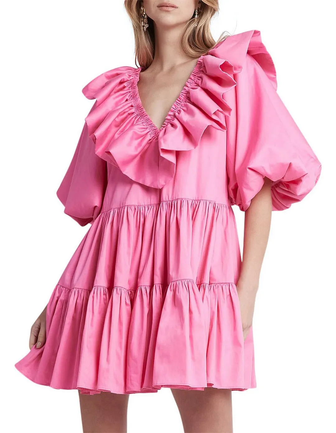 AJE SOLSTICE pink RUFFLE puff sleeve TIERED SMOCK DRESS SIZE 14  for rent on The Volte - main image