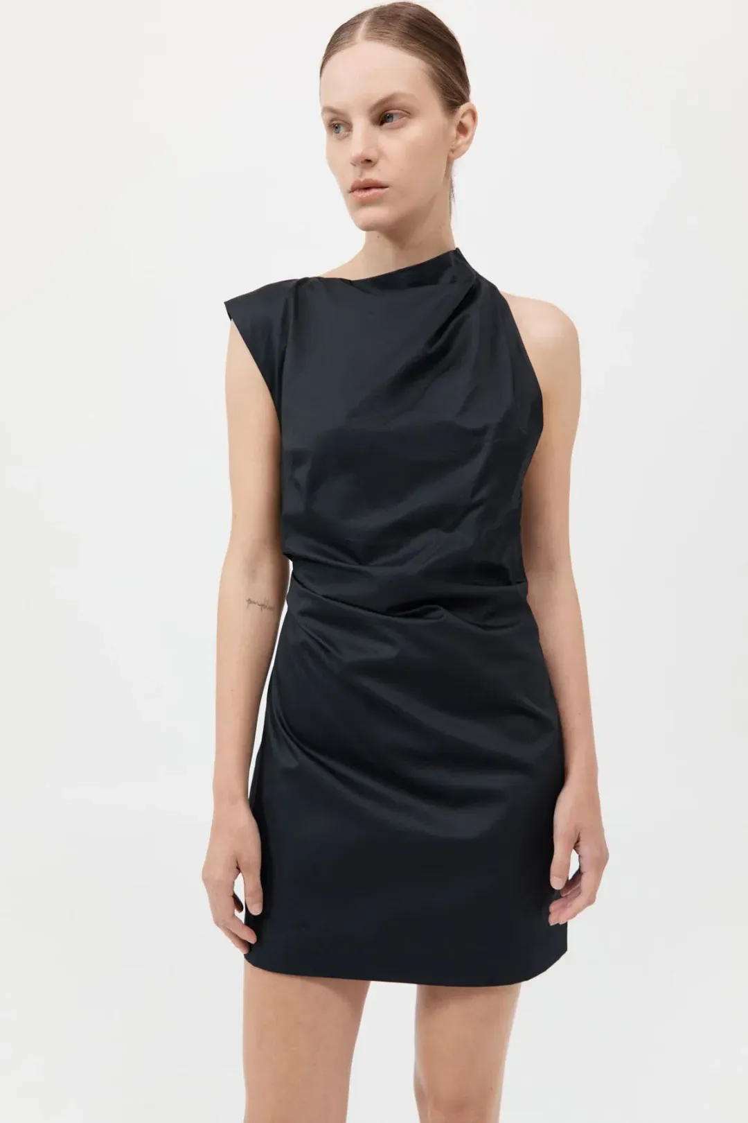 St Agni Asymmetric Tuck Mini Dress - Black for rent on The Volte - main image