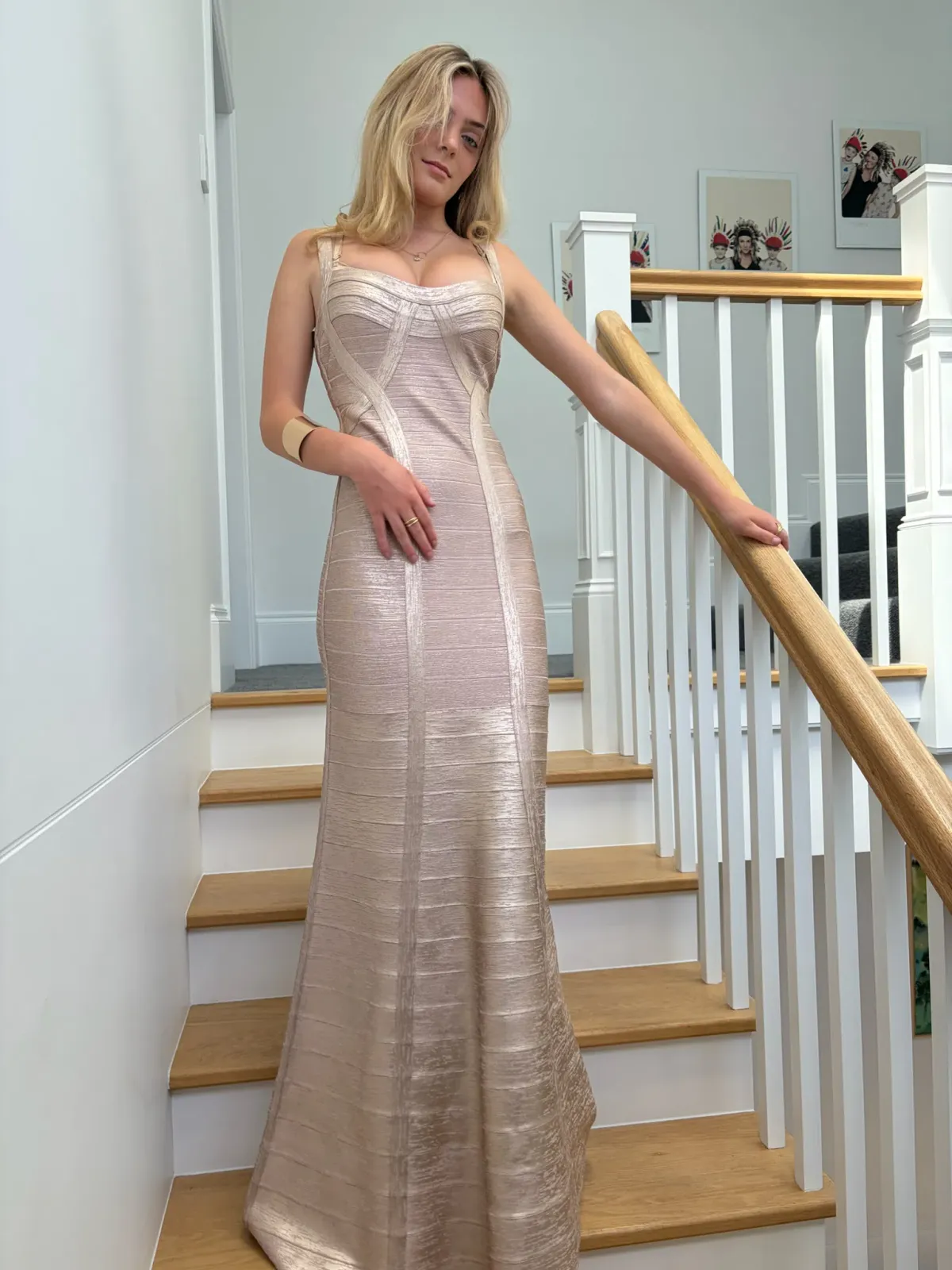 One of a kind Gold Hervé Léger Square Neckline Long Dress. - Image 1