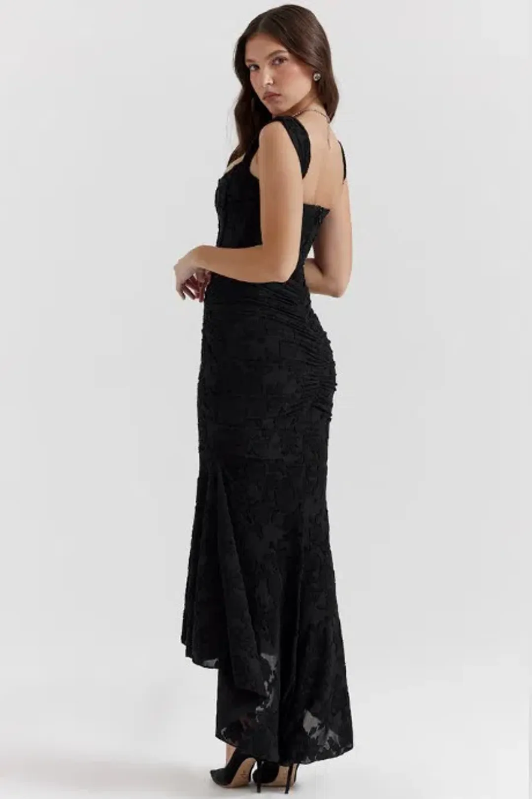 House of CB Cesca Corset Ruched Maxi Dress in Black Floral Size M / AU 10 for rent on The Volte - main image