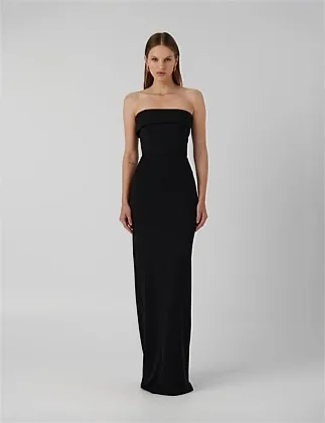 Effie Kats Monroe Strapless Crepe Floor Length Gown Black Size 6 for rent on The Volte - main image