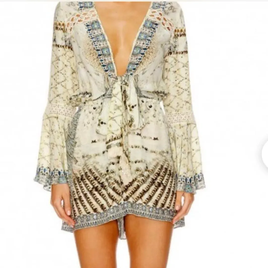 Camilla Silk Playsuit Romper Love Weave Tie Front Wide Sleeve for rent on The Volte - main image