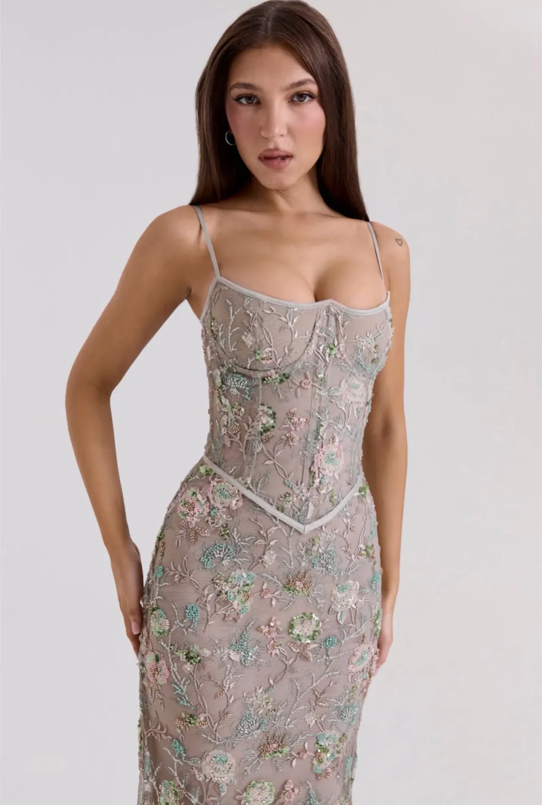 House of CB Naima Embellished Beaded Corset Maxi Dress Silver size 6 for rent on The Volte - main image