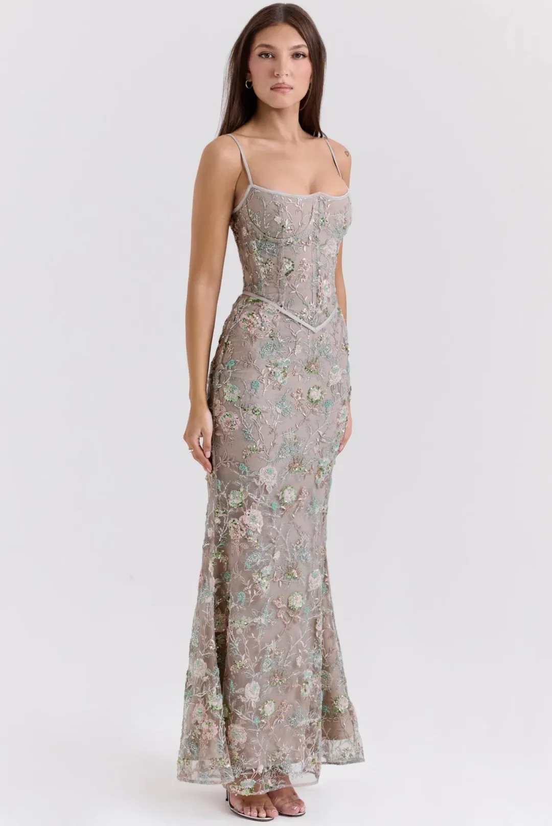 House of CB Naima Embellished Beaded Corset Maxi Dress Silver size 8 for rent on The Volte - main image
