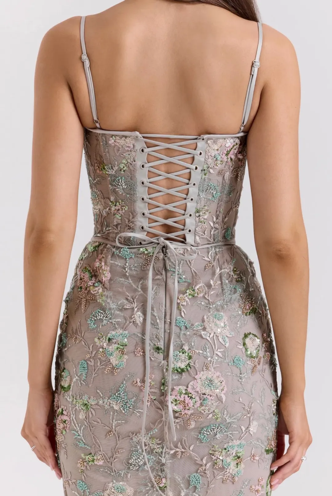 House of CB Naima Embellished Beaded Corset Maxi Dress Silver size 8 for rent on The Volte - main image