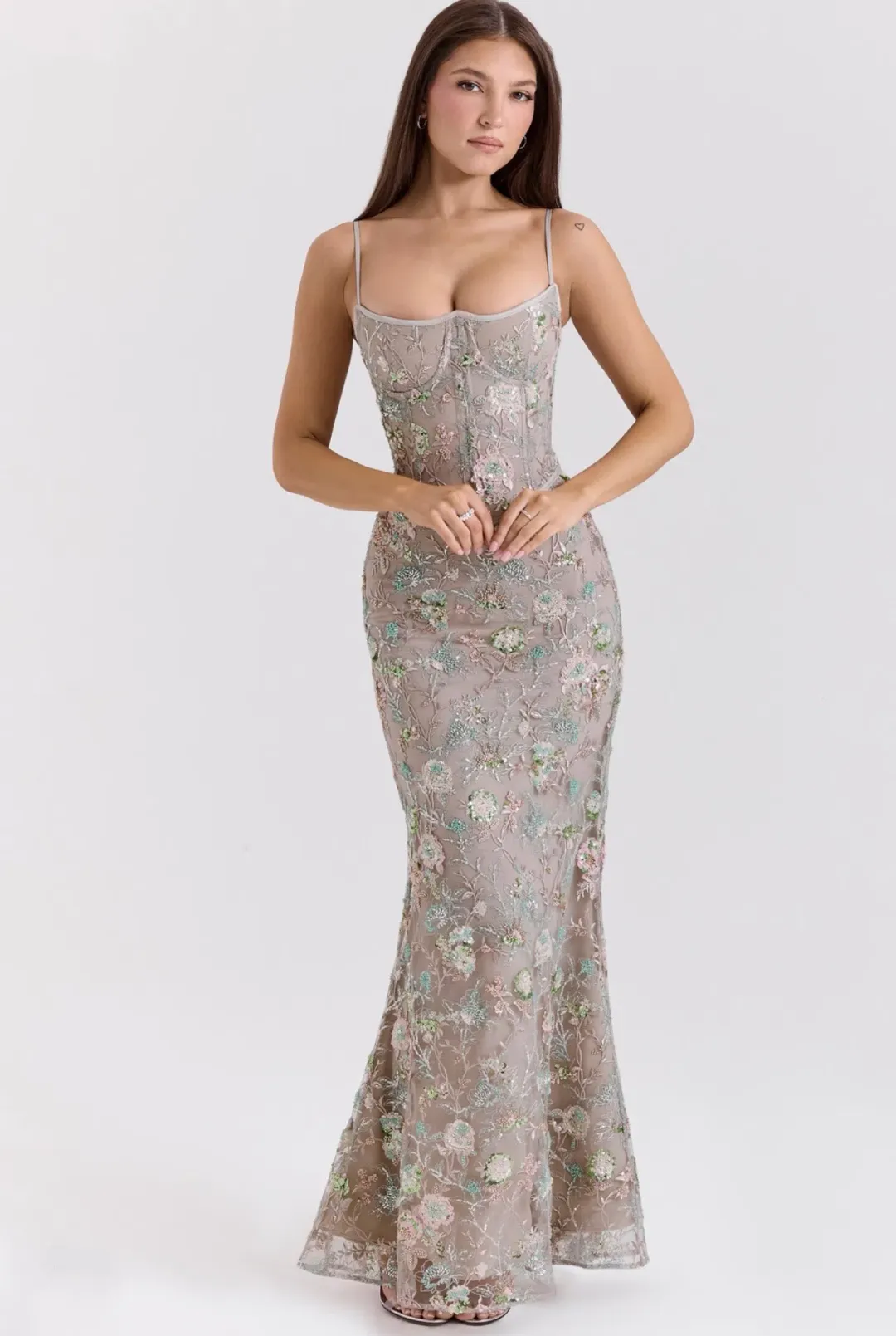 House of CB Naima Embellished Beaded Corset Maxi Dress Silver size 8 for rent on The Volte - main image