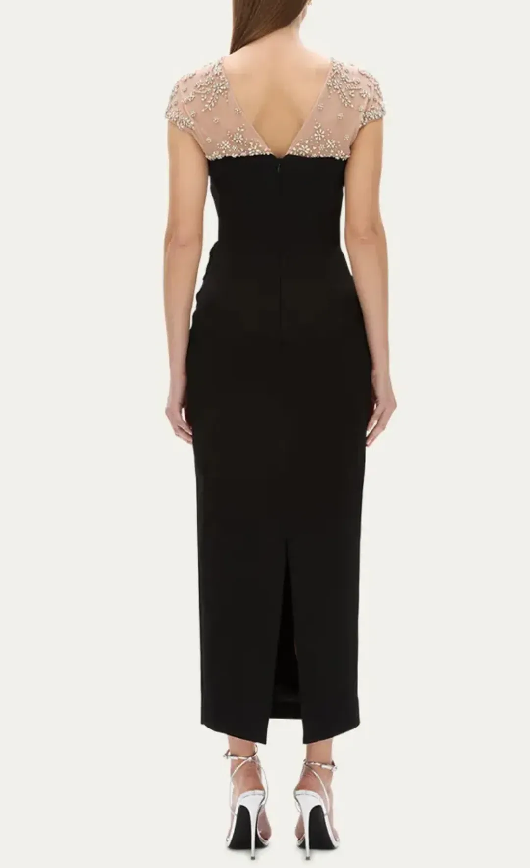 Rachel Gilbert Dottie Floral Crystal Sheer Draped Midi Dress Black Size 6 for rent on The Volte - main image