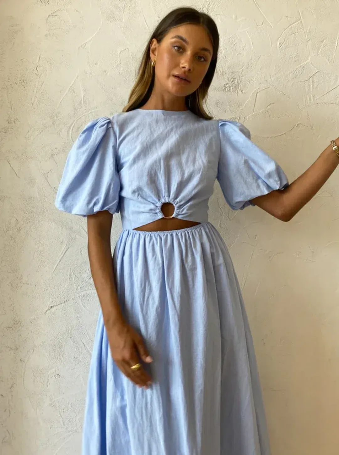 By Nicola Dahlia Ring Detail Maxi Dress In Sky for rent on The Volte - main image