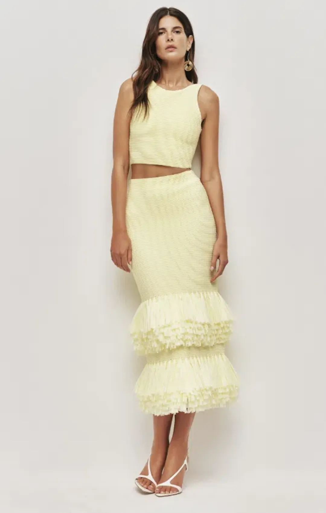 AJE Agave Knit Top and Agave Knit Raffia Midi Skirt Lemon Size XS for rent on The Volte - main image