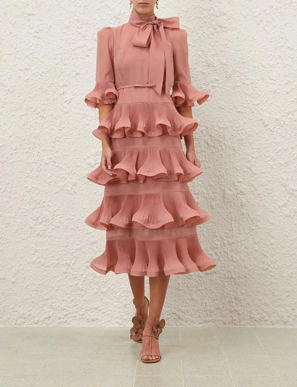 Zimmermann Pleated Sleeved Midi Dress Size 0/ 8-Lipstick Pink - Image 1