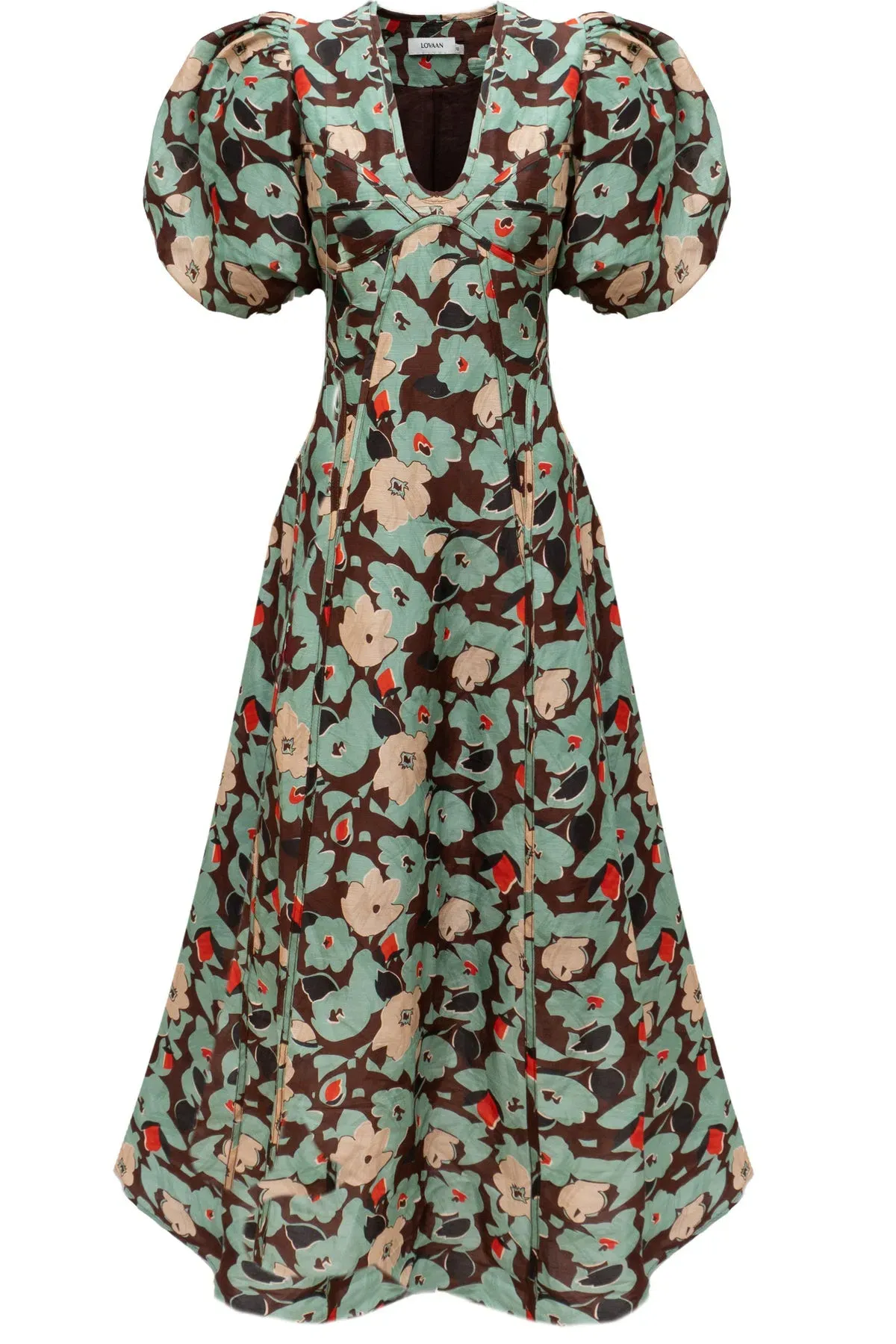Lovaan Adeline Silk Linen Floral Dress Green Size 10/M - Image 5