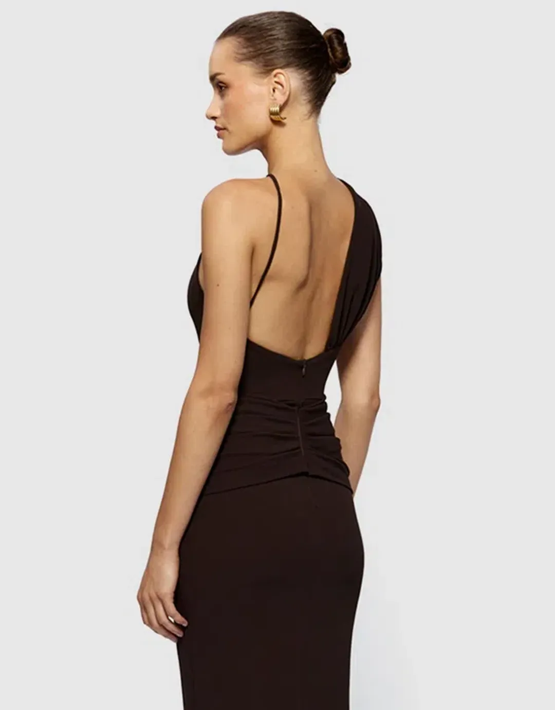 Effie Kats Greer Gown Asym in Coffee Chocolate Brown in Size XS / 6 AU for rent on The Volte - main image