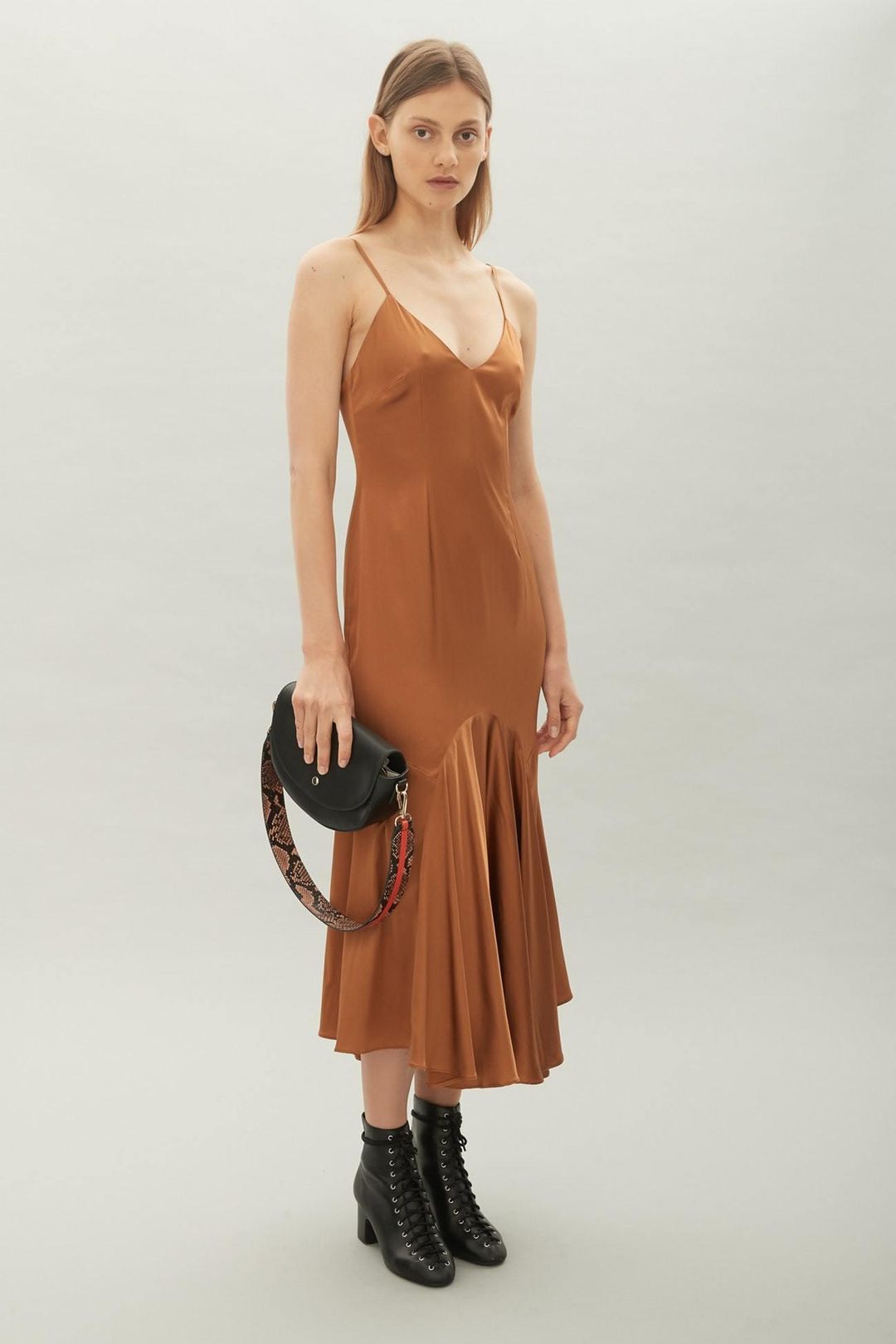 Hansen and Gretel sleek silk tan midi dress size 10 for rent on The Volte - main image