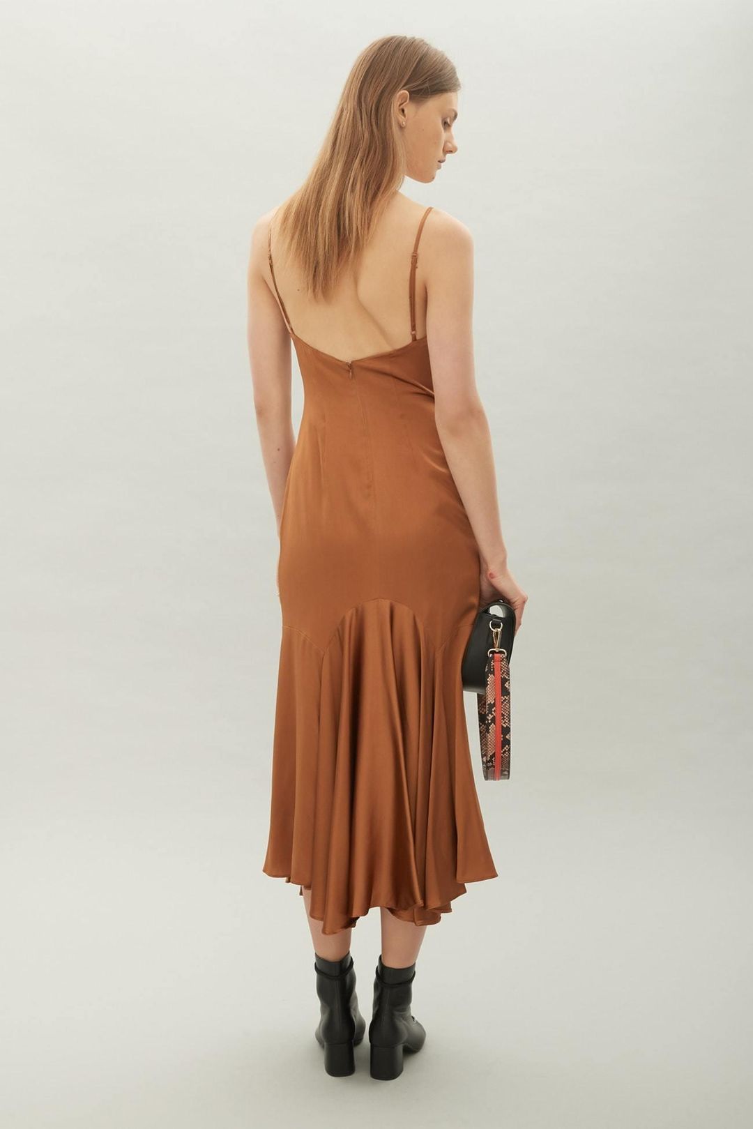 Hansen and Gretel sleek silk tan midi dress size 10 for rent on The Volte - main image
