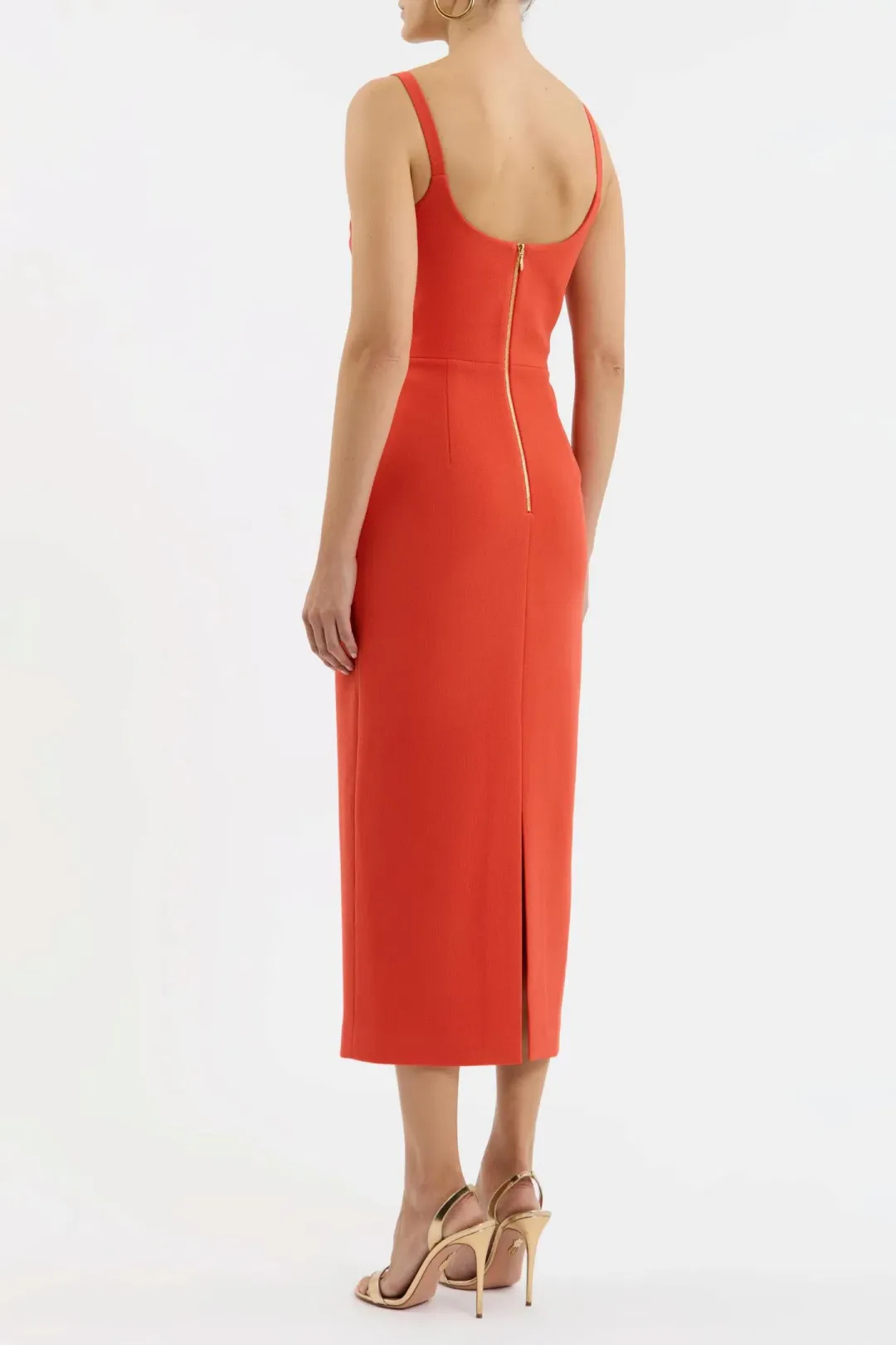 Rebecca Vallance Empress Midi Dress Orange With Gold Trim Size 10 for rent on The Volte - main image