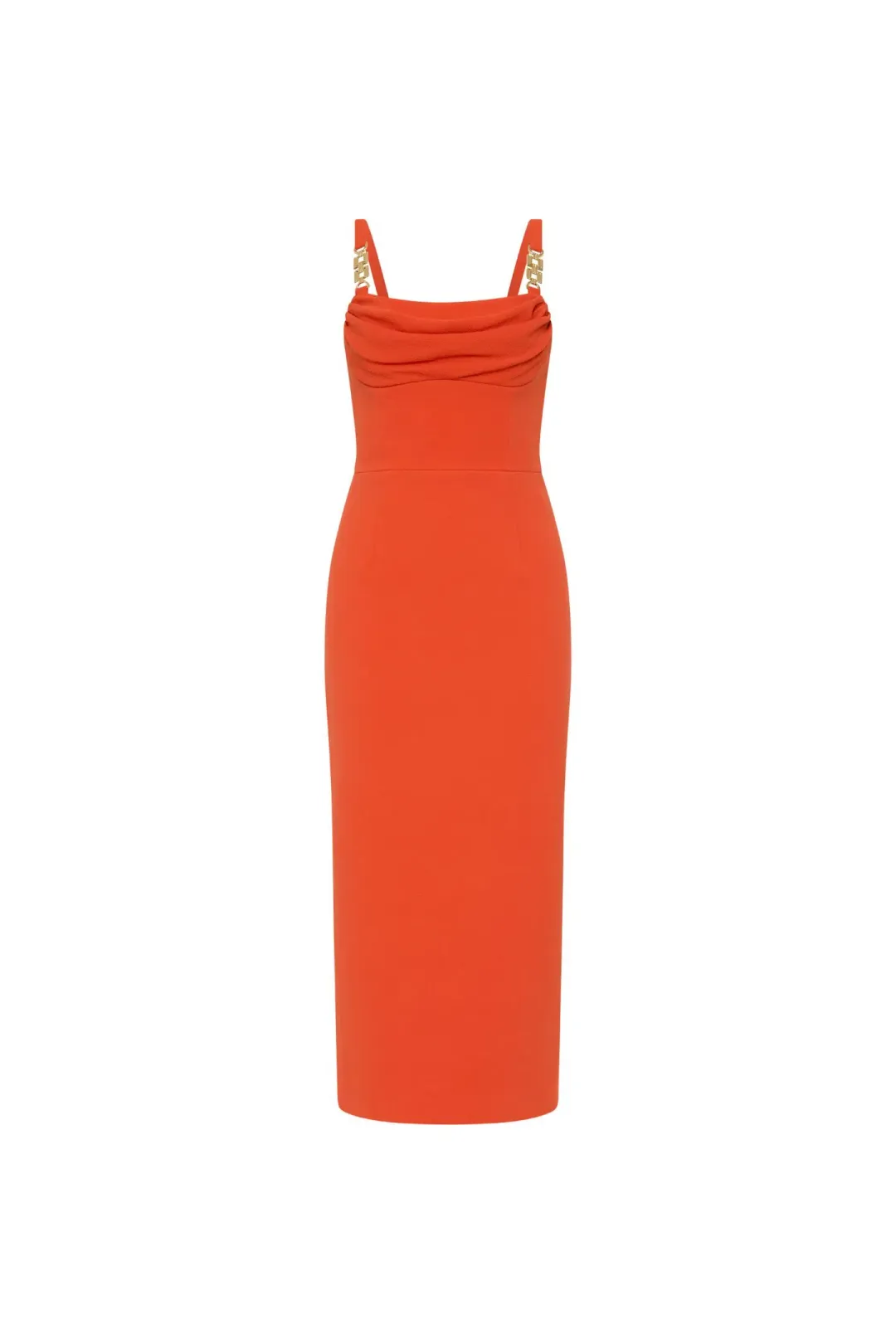 Rebecca Vallance Empress Midi Dress Orange With Gold Trim Size 10 for rent on The Volte - main image