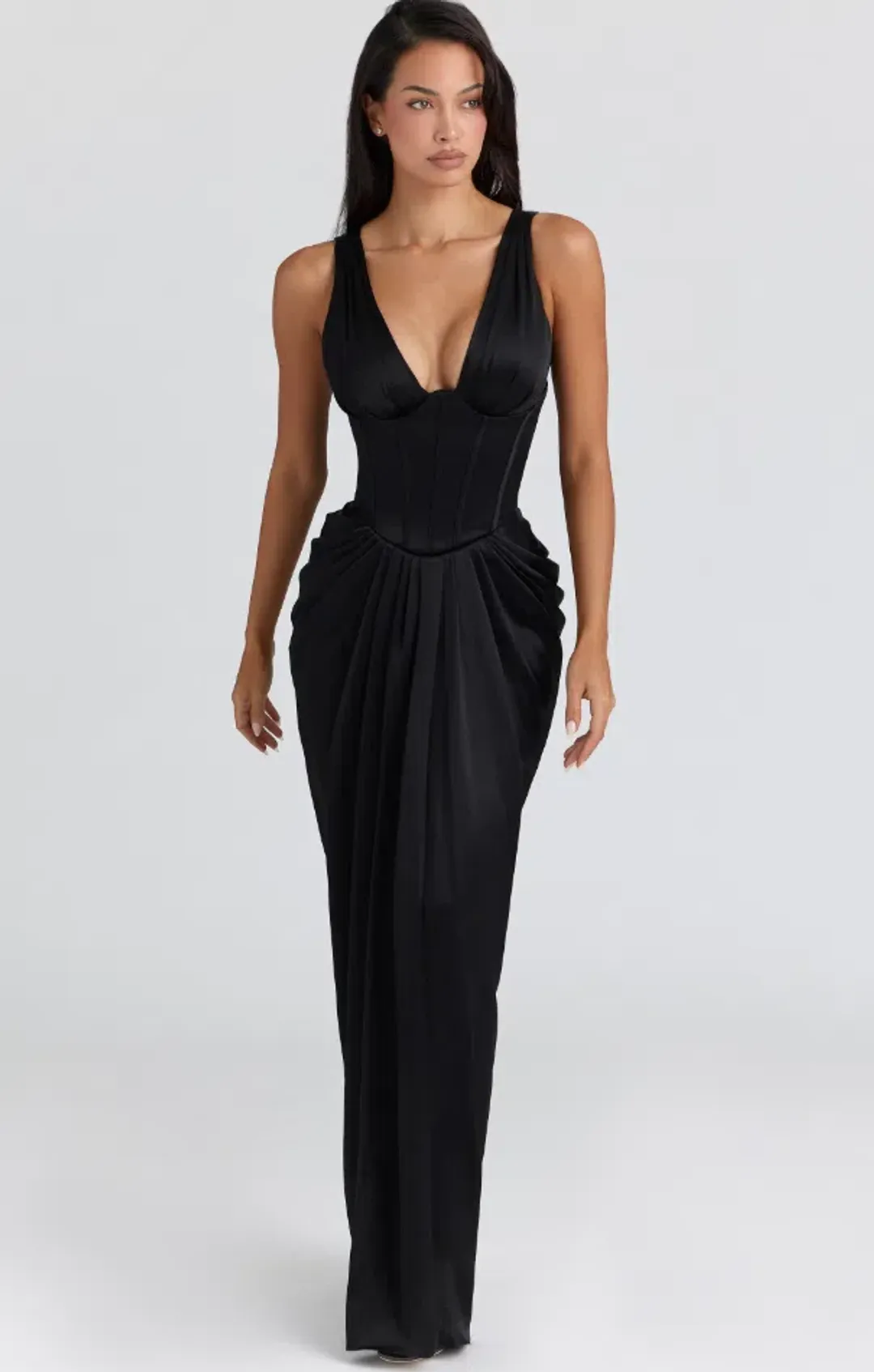House of CB Angeline black satin hourglass maxi dress - limited edition Size L for rent on The Volte - main image