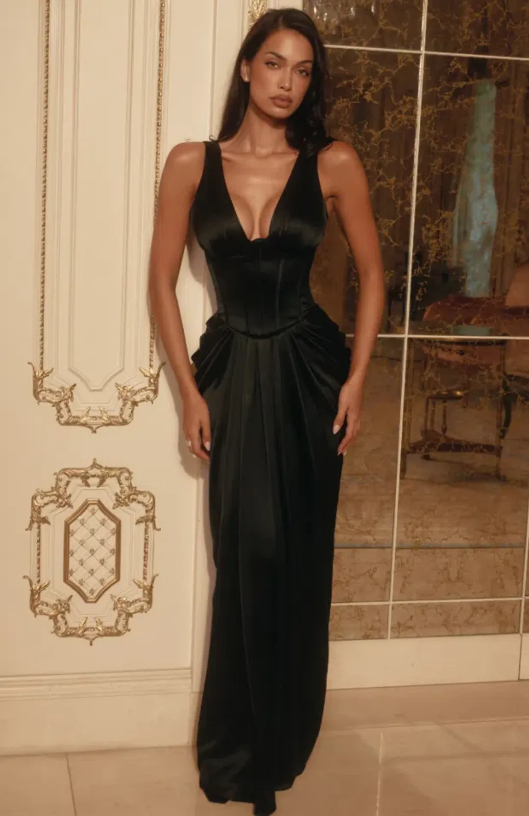 House of CB Angeline black satin hourglass maxi dress - limited edition Size L for rent on The Volte - main image