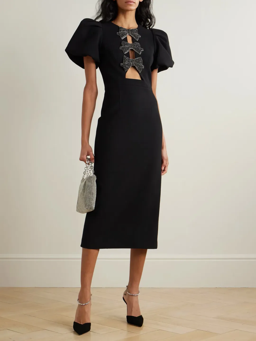 Rebecca Vallance Eliana Puff Sleeve Midi Dress Black Size 12 for rent on The Volte - main image