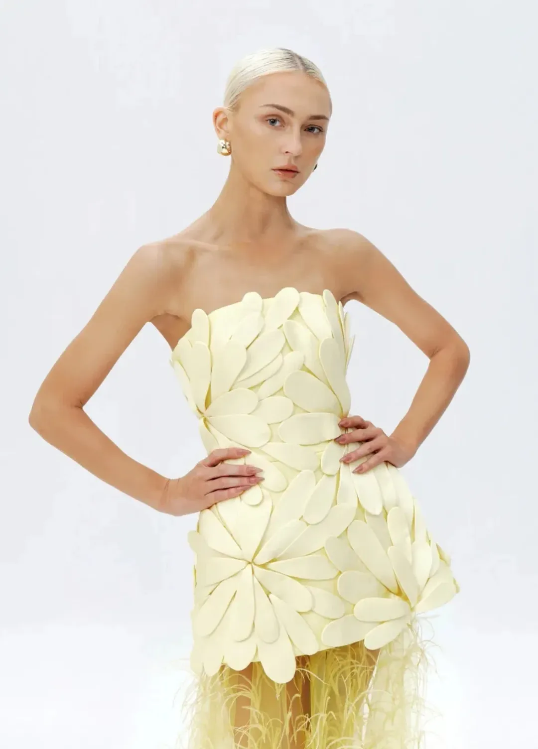 Justin Tong Marisol Applique Gown Yellow Feather Sheer Dress Size 10 for rent on The Volte - main image