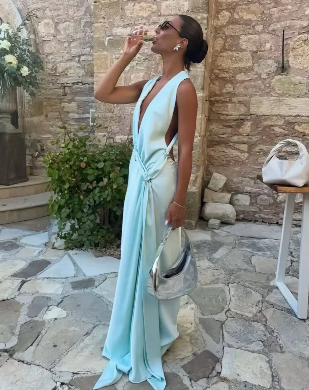Misha Collection The Harlow Satin Maxi Dress in Ice Blue Size Small / 8 AU for rent on The Volte - main image