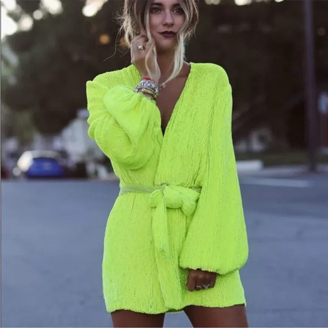 Retrofete Gabrielle Sequin Robe Dress Neon Lime Yellow Size Small S for rent on The Volte - main image