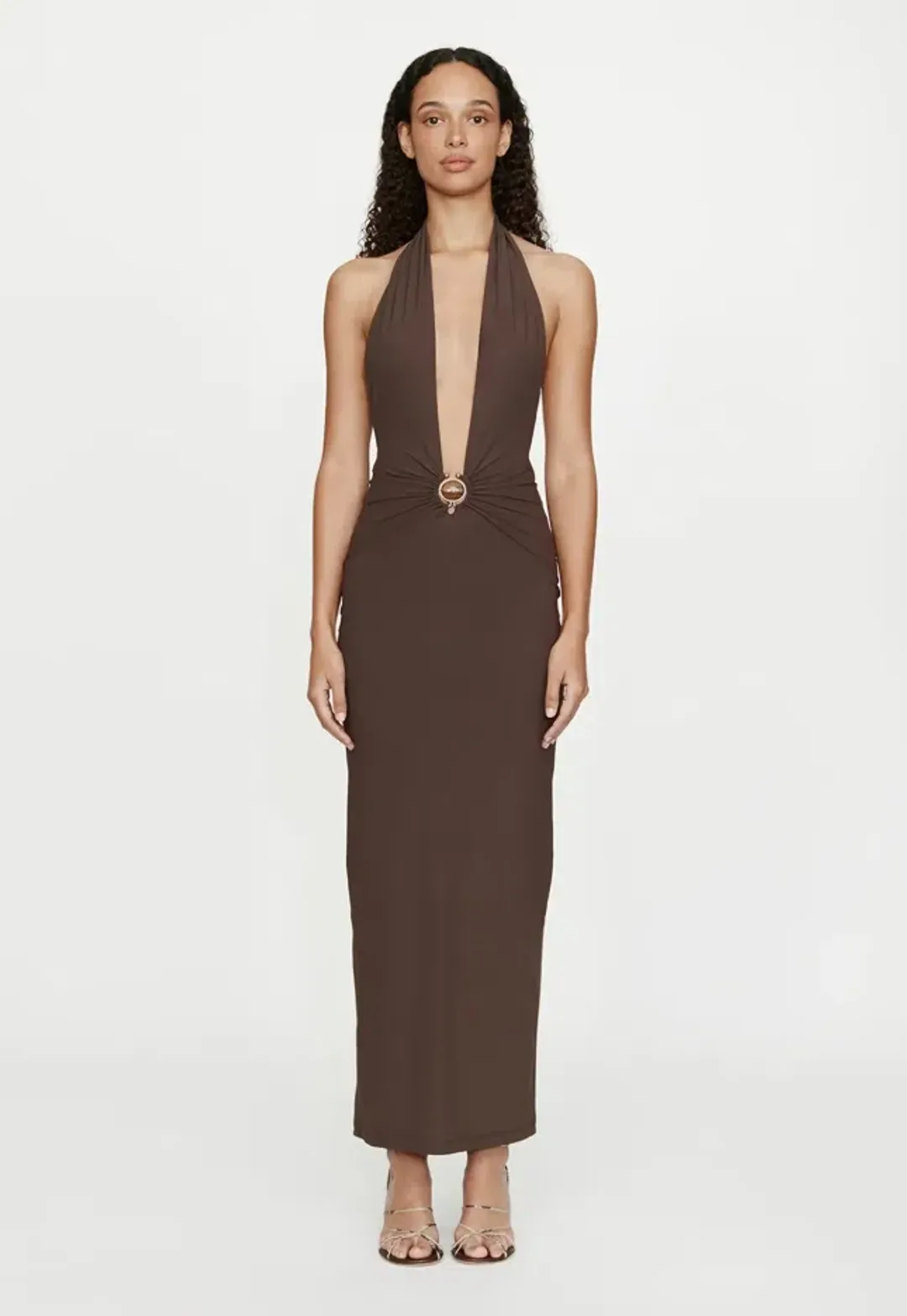 Christopher Esber Mineral Stone Ruched Halter Lycra Dress Umber Size 6 for rent on The Volte - main image