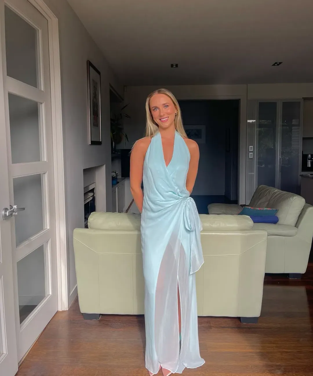 Bec and Bridge Soneva Wrap Halter Dress in Arctic Blue Size 8 / S AU for rent on The Volte - main image