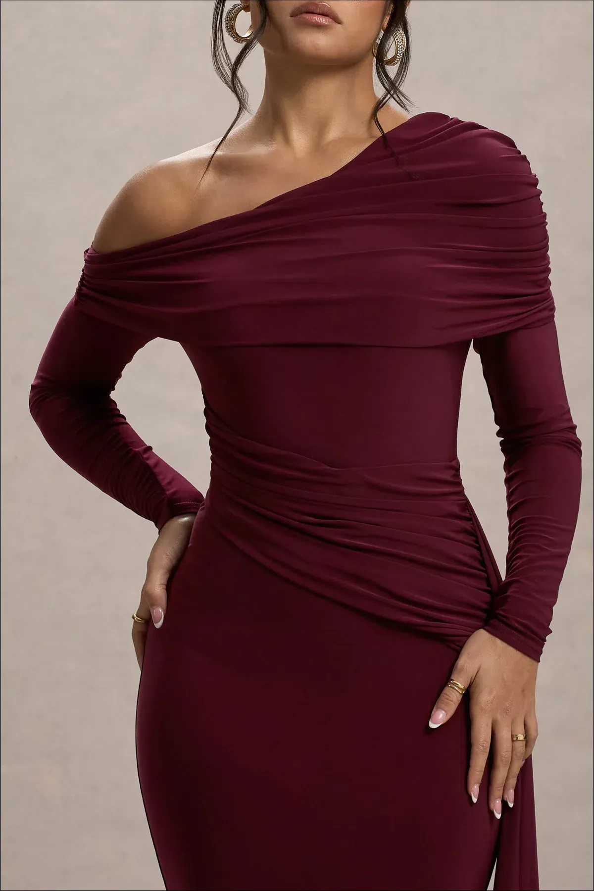 Club L London VALINA Dress - Burgundy Ruched Asymmetric Maxi Dress With Drape - Image 3