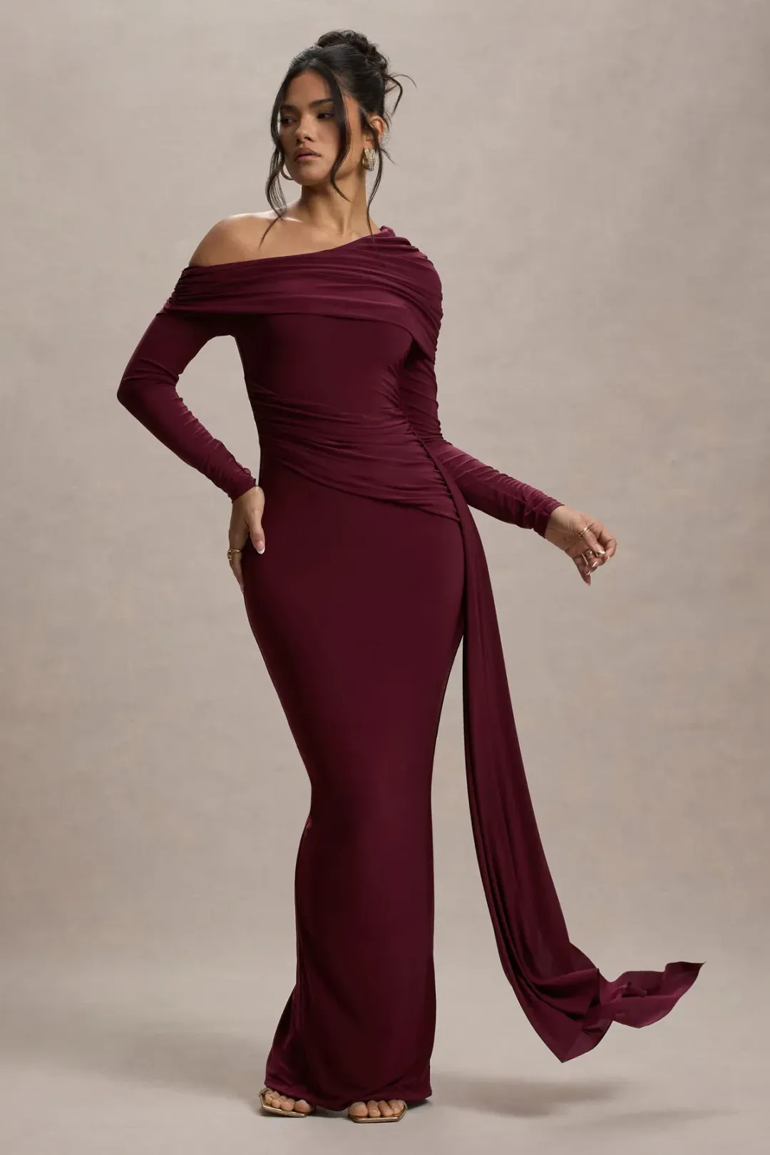 Club L London VALINA Dress - Burgundy Ruched Asymmetric Maxi Dress With Drape for rent on The Volte - main image