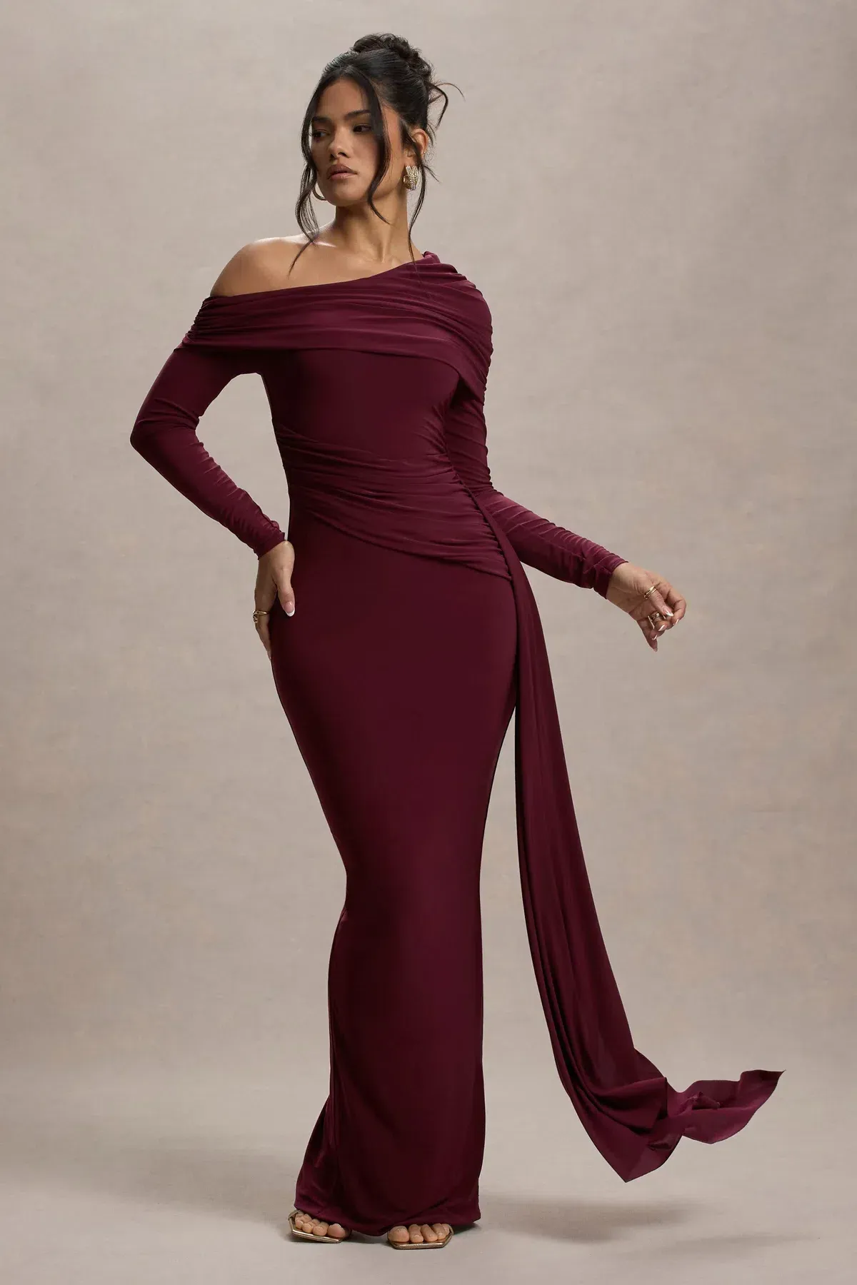 Club L London VALINA Dress - Burgundy Ruched Asymmetric Maxi Dress With Drape - Image 1