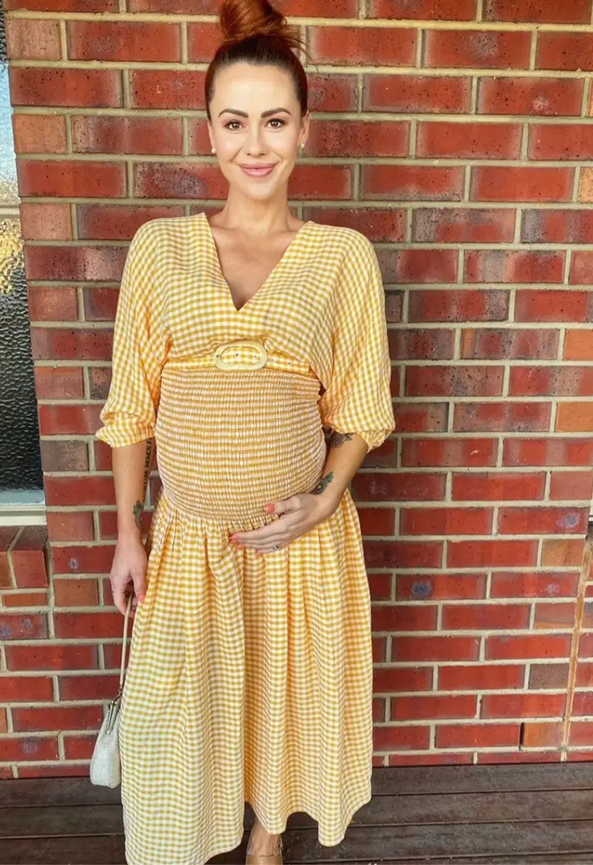 Gingham Shirred Dress Tangerine - Image 2