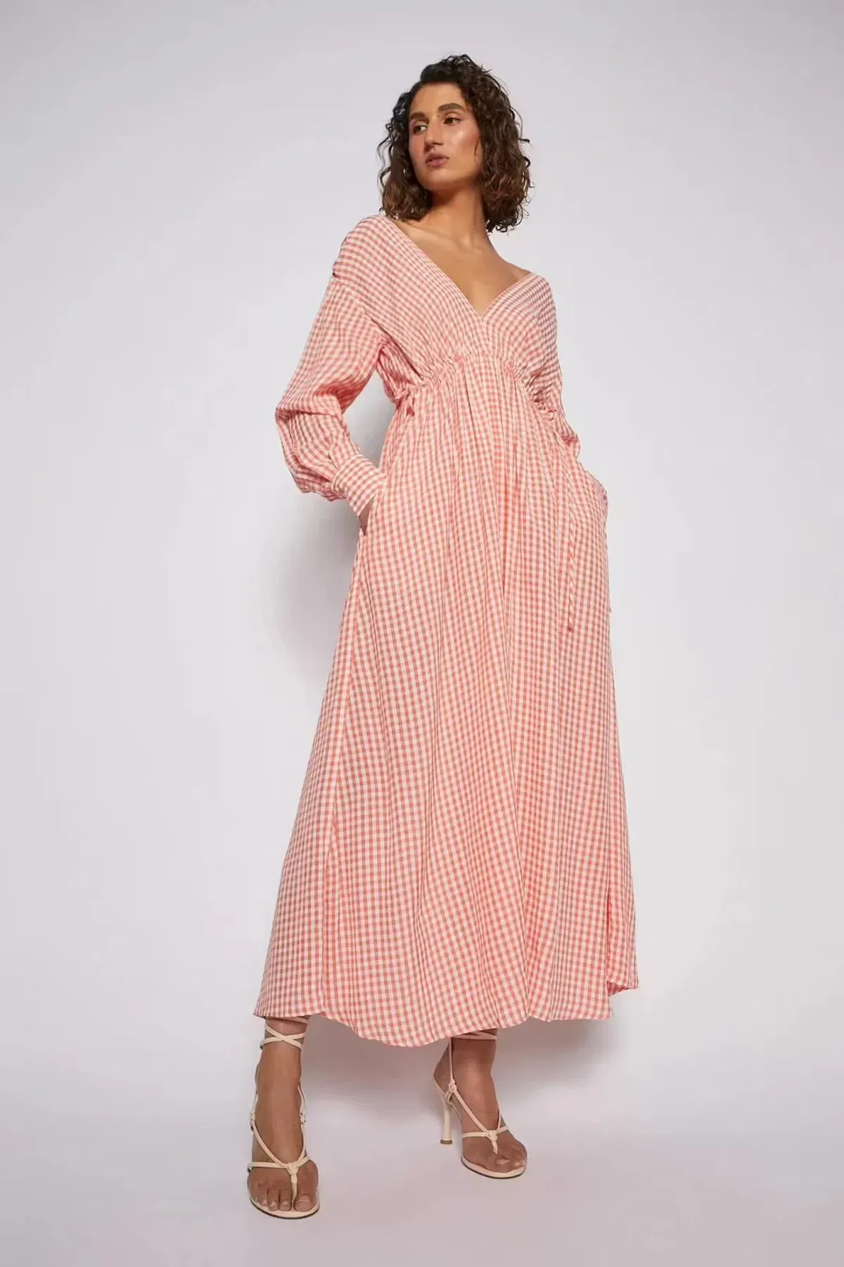 Scanlan Theodore V Neck Gingham Dress Peach - Image 1