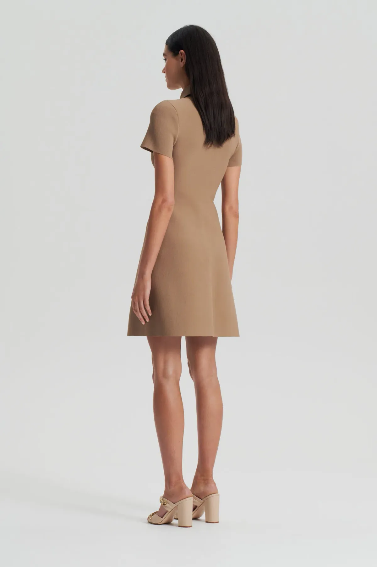 Crepe Knit Zip Shirt Mini Dress Camel - Image 3