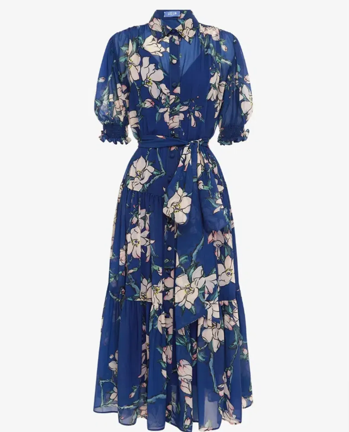 Leo Lin Midnight Magnolia Print Blue Ellie Biship Sleeve Midi Dress - 10 - Image 2