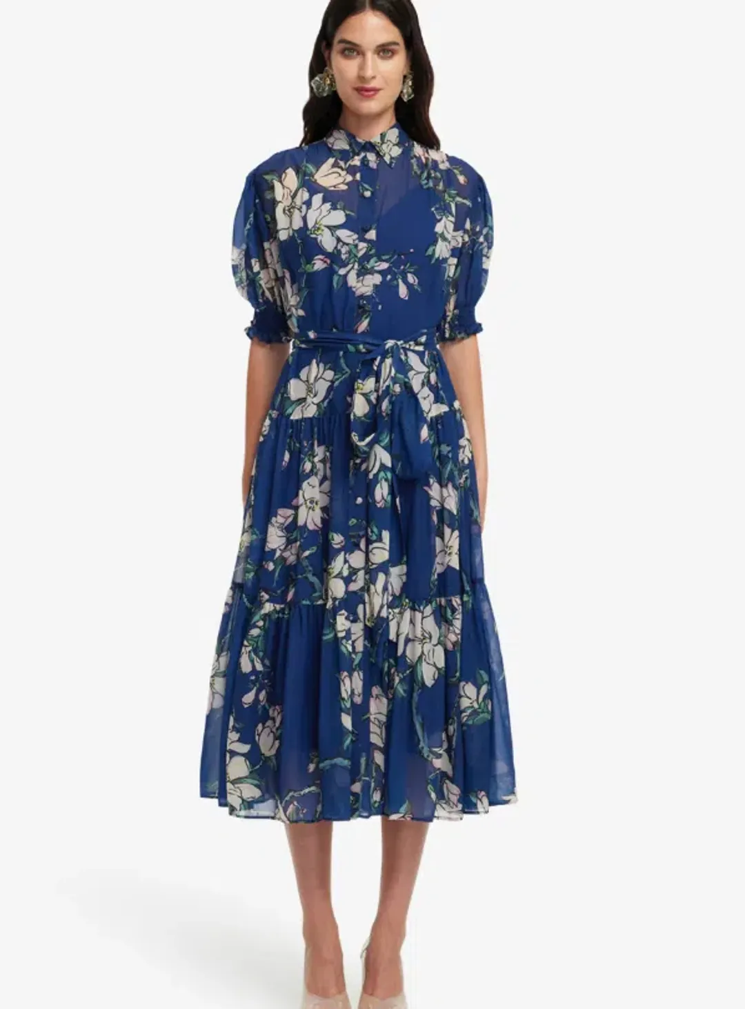 Leo Lin Midnight Magnolia Print Blue Ellie Biship Sleeve Midi Dress - 10 for rent on The Volte - main image