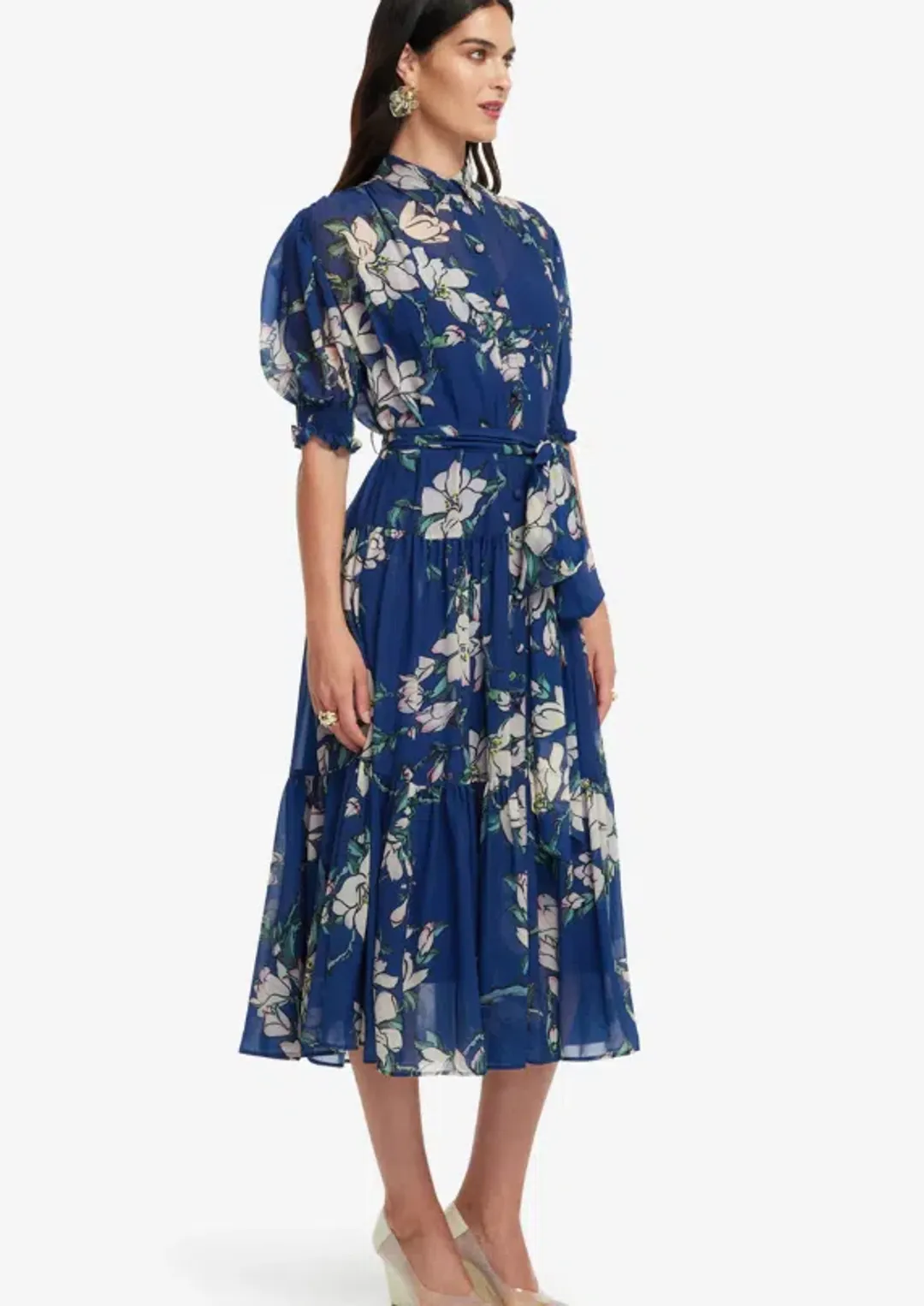 Leo Lin Midnight Magnolia Print Blue Ellie Biship Sleeve Midi Dress - 10 for rent on The Volte - main image