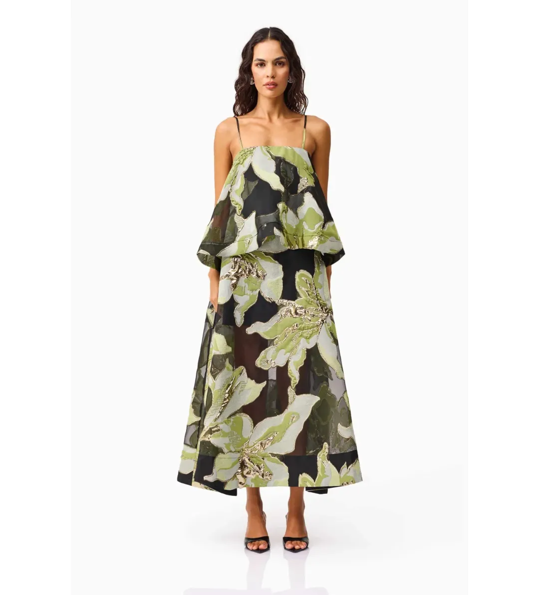 Elliatt Elysia Tiered Gown Black and Green Floral Size L AU 12 for rent on The Volte - main image