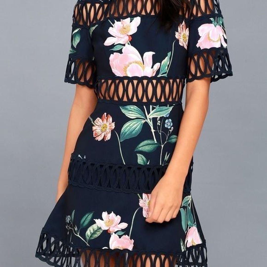 Keepsake the Label Whispers Floral Crochet Mini Dress Navy Garden Floral Size 8 for rent on The Volte - main image