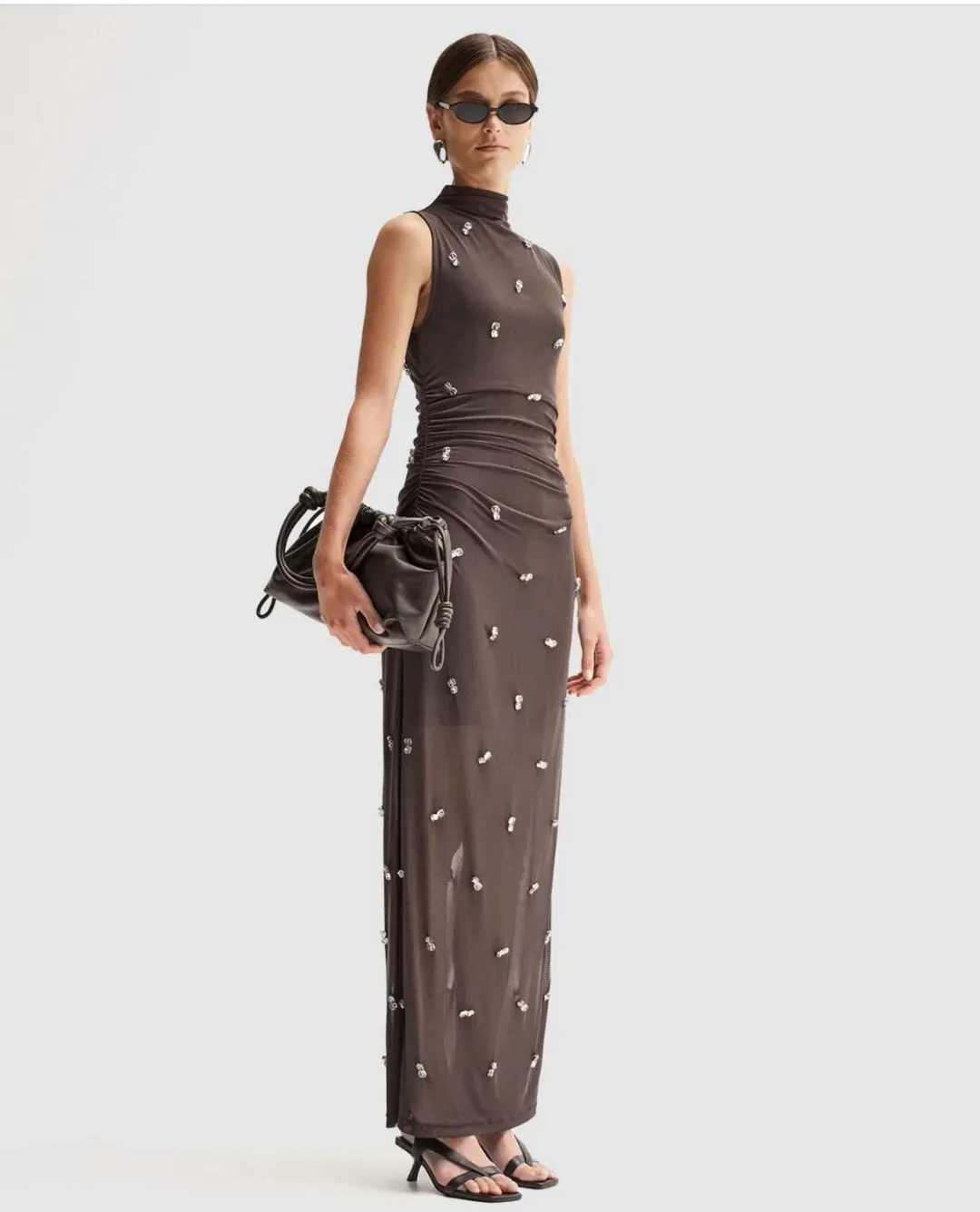Elka Collective Elara Brown Mesh Beaded Maxi Dress for rent on The Volte - main image