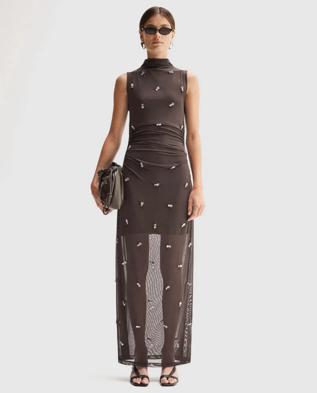 Elka Collective Elara Brown Mesh Beaded Maxi Dress for rent on The Volte - main image