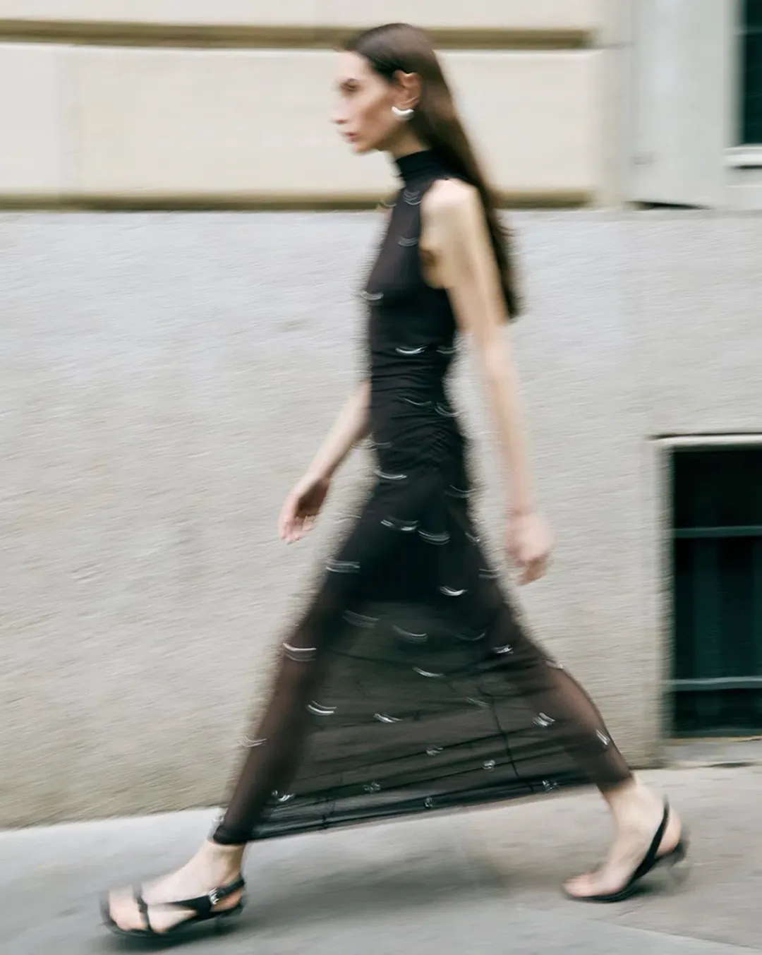 Elka Collective Elara Brown Mesh Beaded Maxi Dress for rent on The Volte - main image