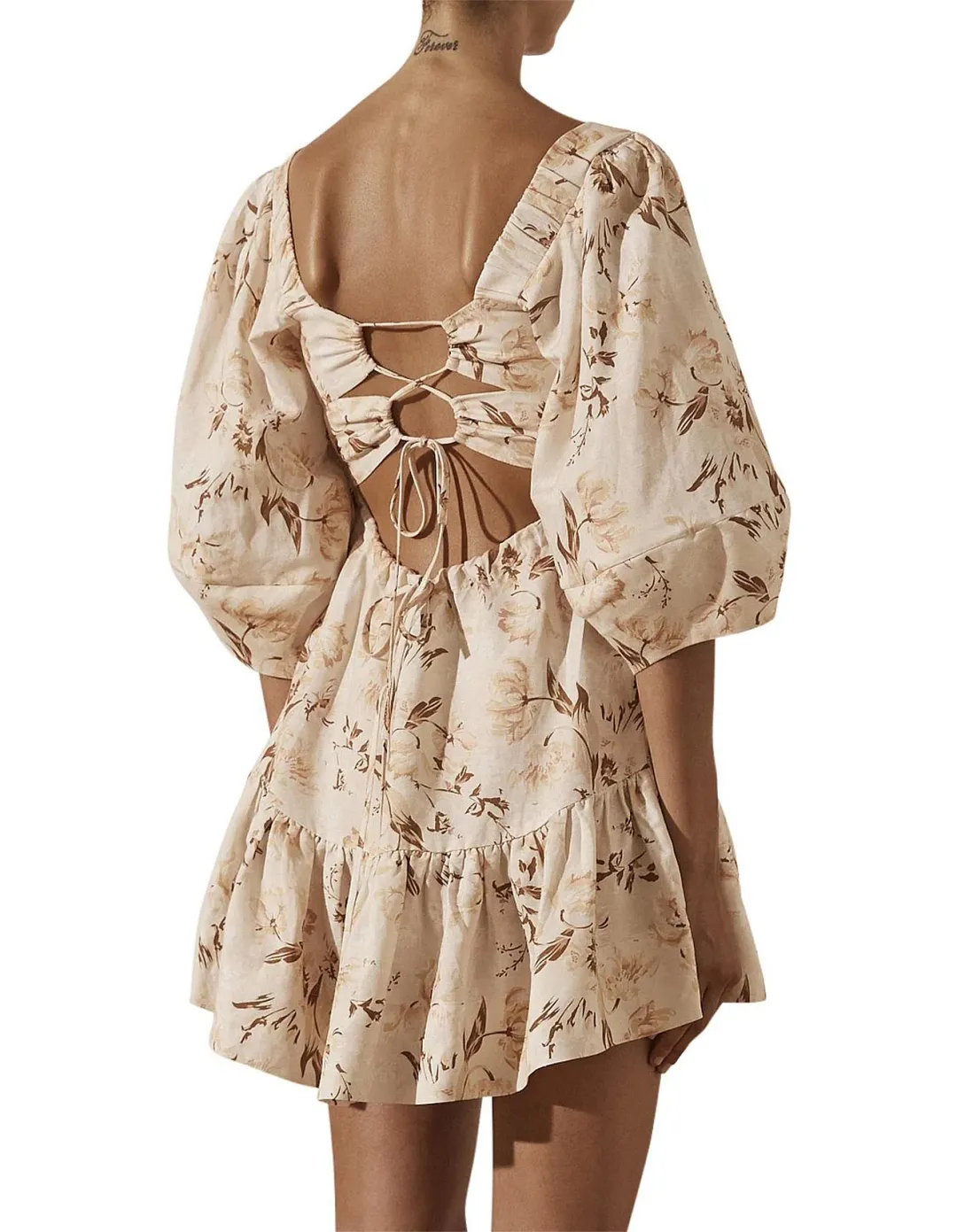 Shona Joy Roxane Linen Open Back Mini Dress Floral Size 12 for rent on The Volte - main image