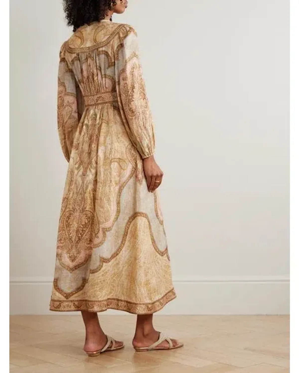 Zimmermann Wanderlust Midi Dress Size 4 / AU 16 Linen Print Plunge Billowy Long Sleeve - Image 2