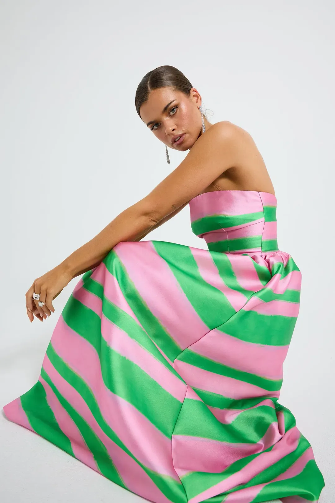 Pasduchas Gigi Strapless Midi Dress in Watermelon Green/Pink Stripe Print Size 12 for rent on The Volte - main image