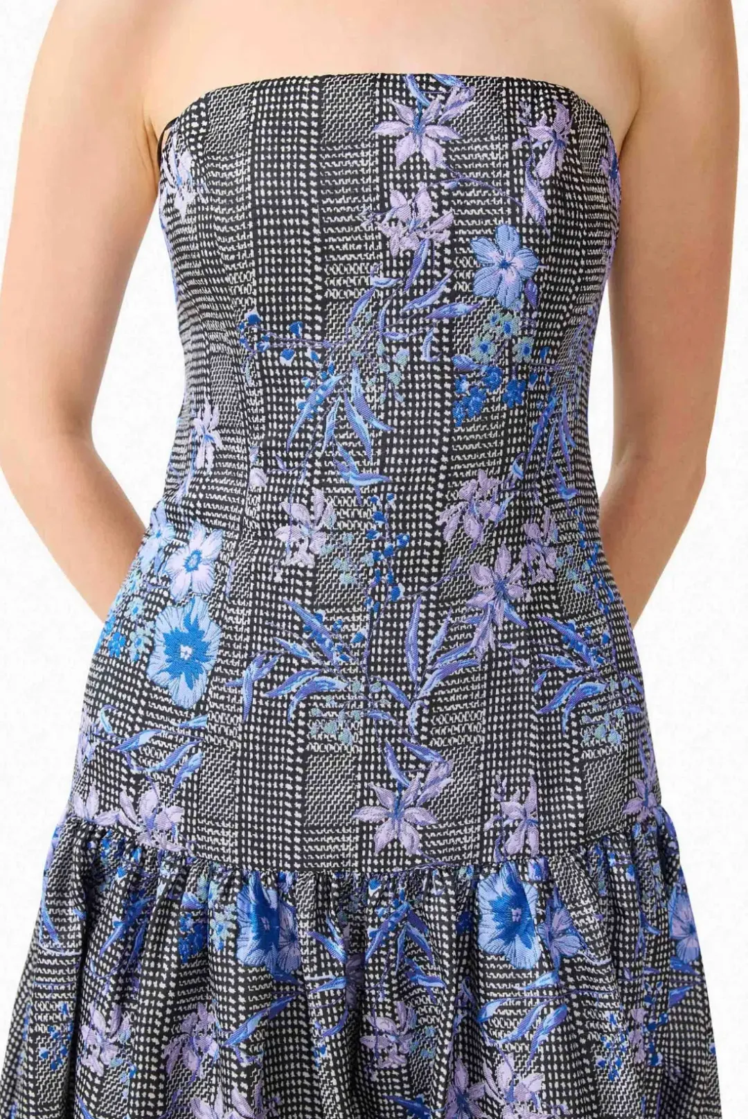 Allana Jacquard Strapless Gown in Black & Blue Floral for rent on The Volte - main image
